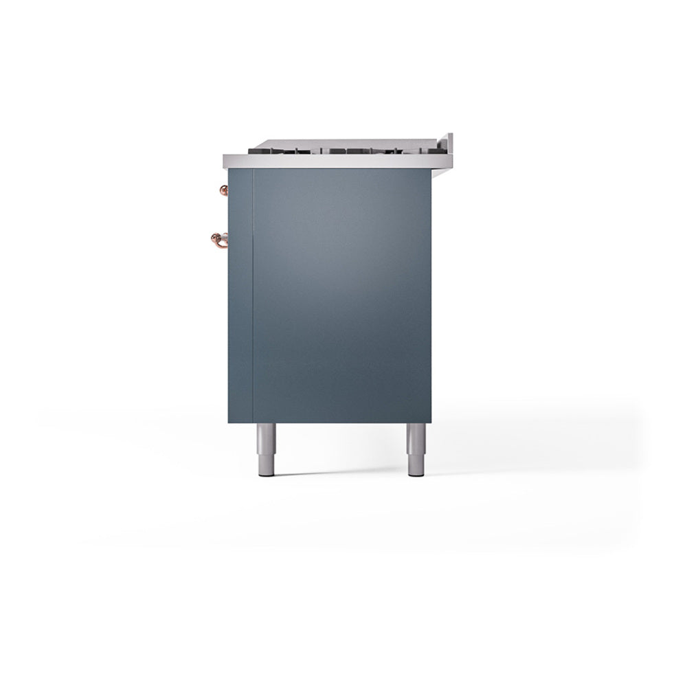 Dual fuel range back panel in blue-grey with copper fittings and leveling feet