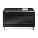 ILVE 60-Inch Nostalgie II Noblesse Propane Gas Dual Fuel Range with 9 Sealed Burners, Griddle, and Solid Door Oven in Glossy Black with Bronze Trim (UN60FQNMPBKBLP)