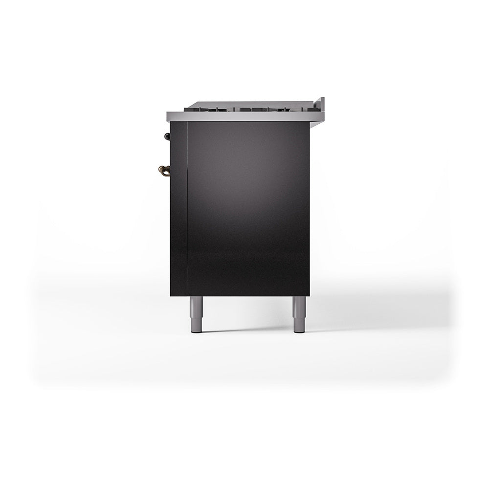 Side view of dual fuel range with glossy black rear panel and adjustable feet