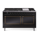 ILVE 60-Inch Nostalgie II Noblesse Natural Gas Dual Fuel Range with 9 Sealed Burners, Griddle, and Solid Door Oven in Glossy Black with Bronze Trim (UN60FQNMPBKB)