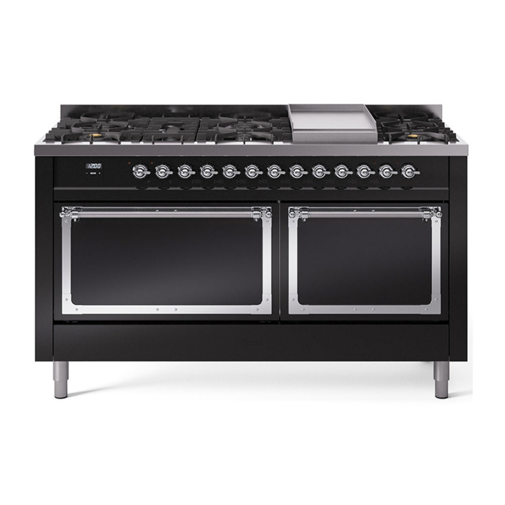 Glossy black dual fuel range with chrome-trimmed oven doors and cooktop burners