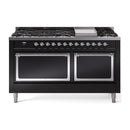 ILVE 60-Inch Nostalgie II Noblesse Natural Gas Dual Fuel Range with 9 Sealed Burners, Griddle, and Solid Door Oven in Glossy Black with Chrome Trim (UN60FQNMPBKC)