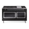 ILVE 60-Inch Nostalgie II Noblesse Natural Gas Dual Fuel Range with 9 Sealed Burners, Griddle, and Solid Door Oven in Glossy Black with Chrome Trim (UN60FQNMPBKC)