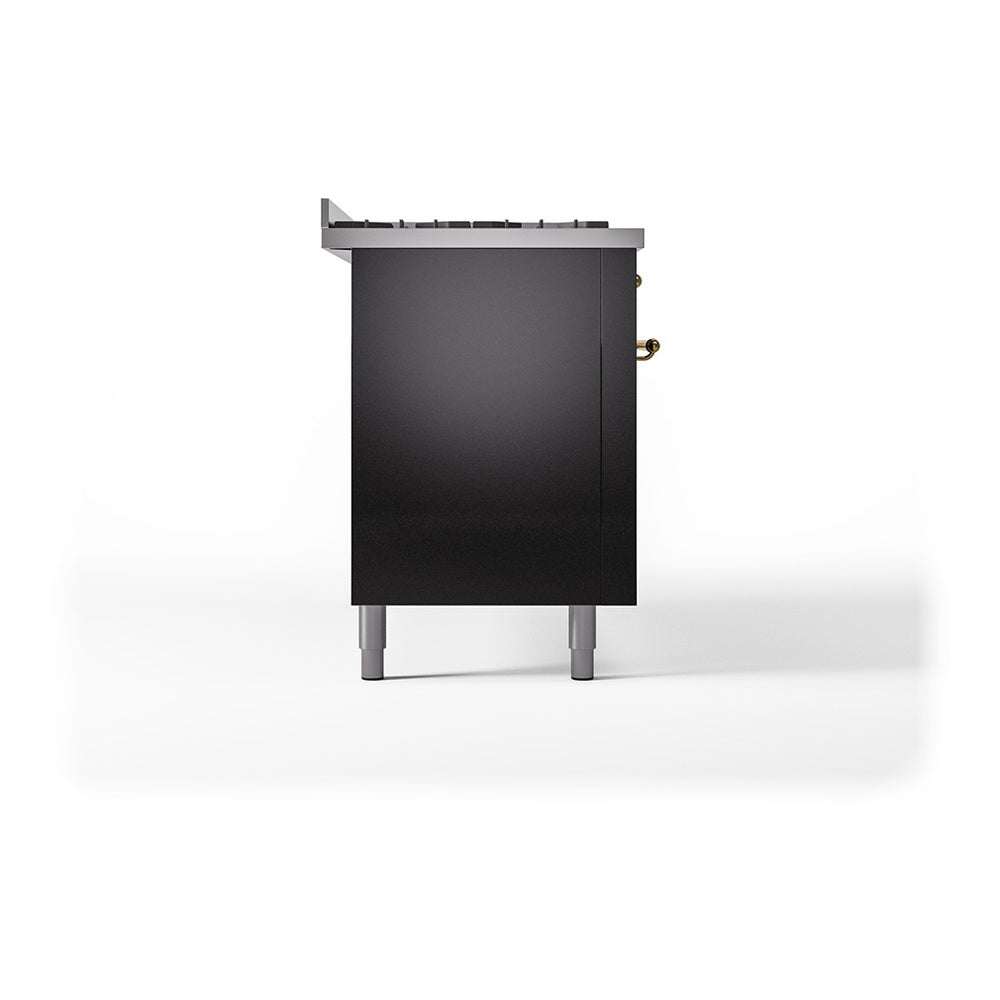 Left-side view of glossy black dual-fuel range body with front controls and brass knobs.