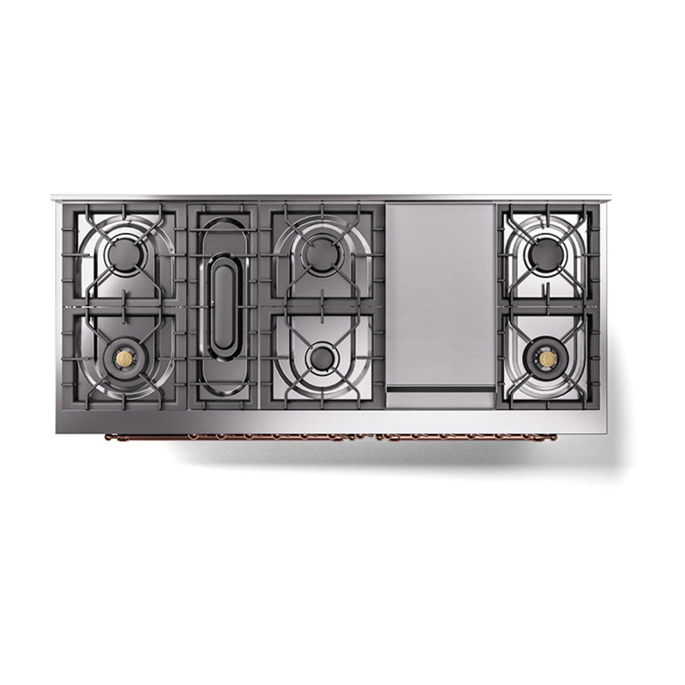 Glossy black burner layout with griddle center section and copper trim