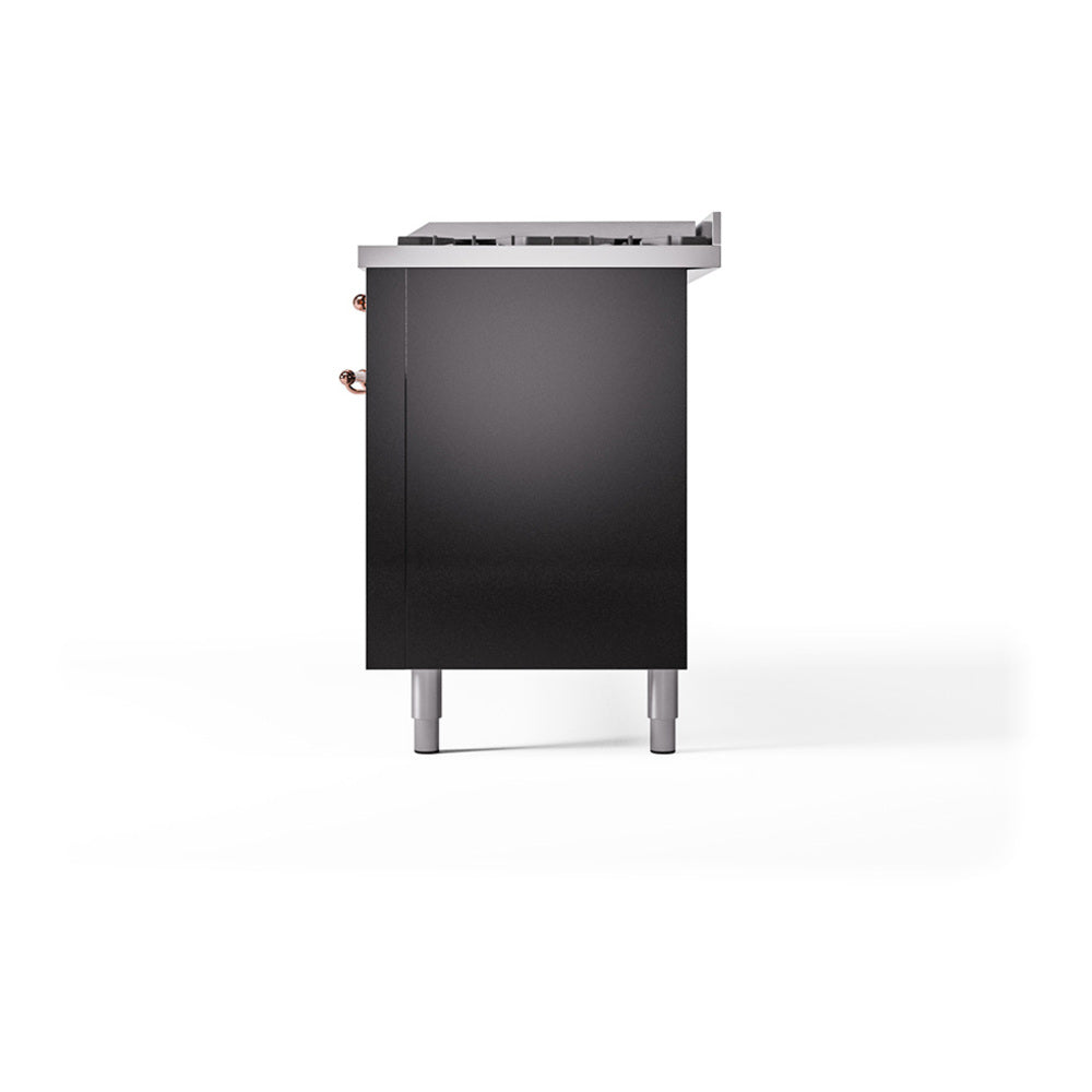 Glossy black side view of dual fuel range back panel with copper knobs