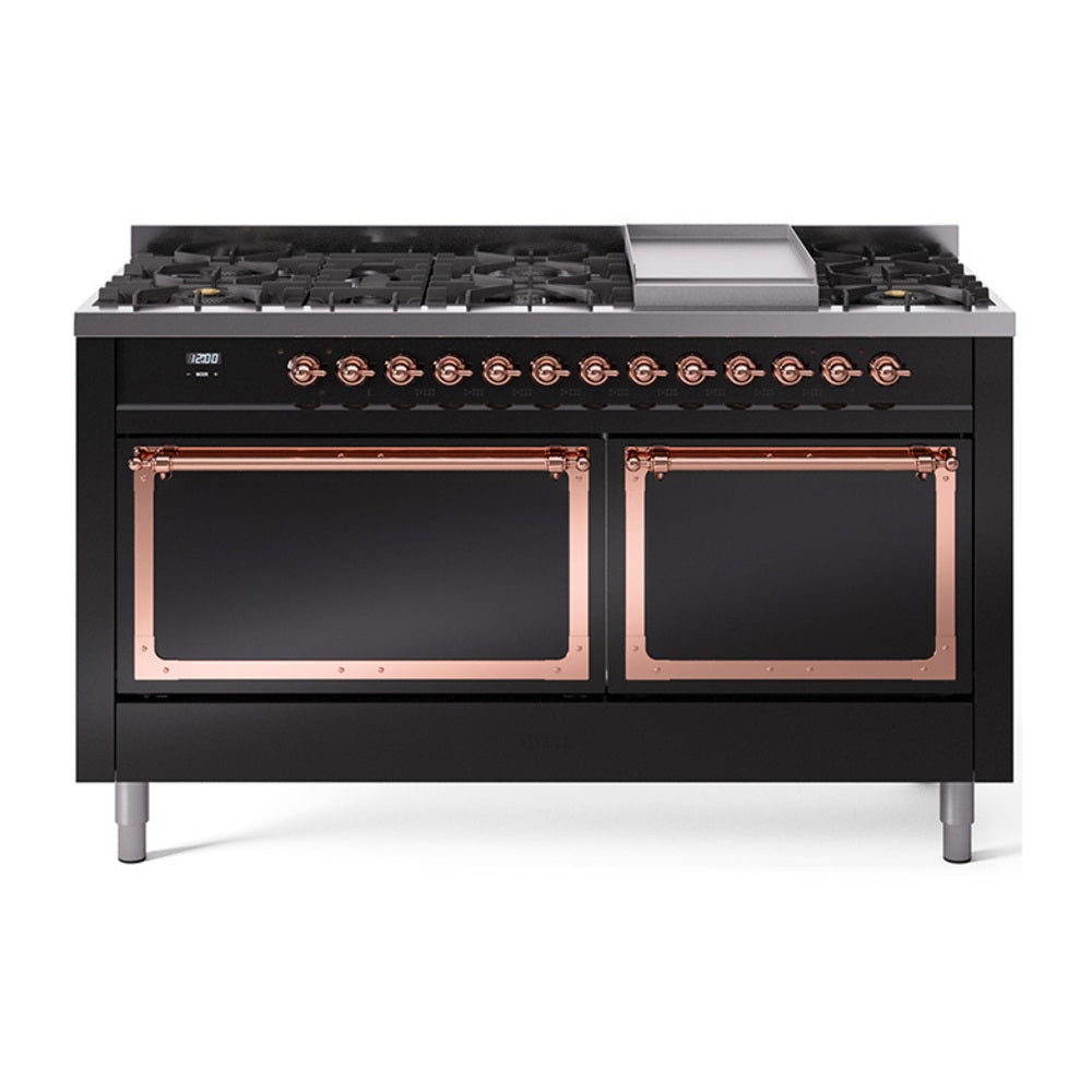 ILVE 60-inch dual fuel range in glossy black with copper-trimmed control panel and burners