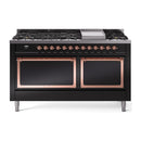 ILVE 60-Inch Nostalgie II Noblesse Propane Gas Dual Fuel Range with 9 Sealed Burners, Griddle, and Solid Door Oven in Glossy Black with Copper Trim (UN60FQNMPBKPLP)