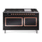 ILVE 60-Inch Nostalgie II Noblesse Propane Gas Dual Fuel Range with 9 Sealed Burners, Griddle, and Solid Door Oven in Glossy Black with Copper Trim (UN60FQNMPBKPLP)