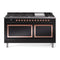 ILVE 60-Inch Nostalgie II Noblesse Dual Fuel Range with 9 Sealed Burners, Griddle, and Solid Door Oven in Glossy Black with Copper Trim (UN60FQNMPBKP)