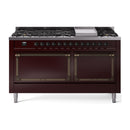 ILVE 60-Inch Nostalgie II Noblesse Propane Gas Dual Fuel Range with 9 Sealed Burners, Griddle, and Solid Door Oven in Burgundy with Bronze Trim (UN60FQNMPBUBLP)