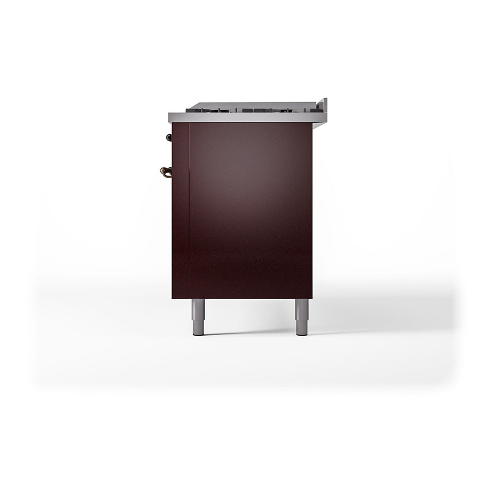 Burgundy solid door oven module shown from the side with stainless legs and edges.