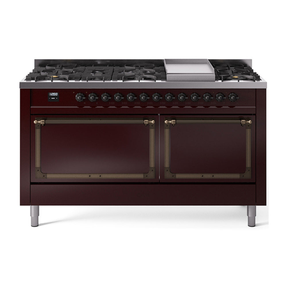 Burgundy dual-fuel range with bronze-trim oven doors and griddle cooktop