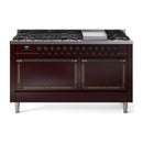 ILVE 60-Inch Nostalgie II Noblesse Natural Gas Dual Fuel Range with 9 Sealed Burners, Griddle, and Solid Door Oven in Burgundy with Bronze Trim (UN60FQNMPBUB)