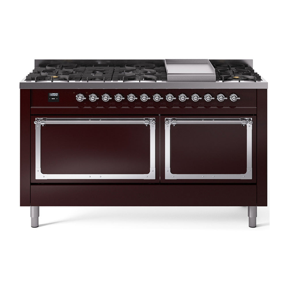 Burgundy gas dual-fuel range with chrome-trim oven doors and central griddle