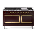 ILVE 60-Inch Nostalgie II Noblesse Propane Gas Dual Fuel Range with 9 Sealed Burners, Griddle, and Solid Door Oven in Burgundy with Brass Trim (UN60FQNMPBUGLP)