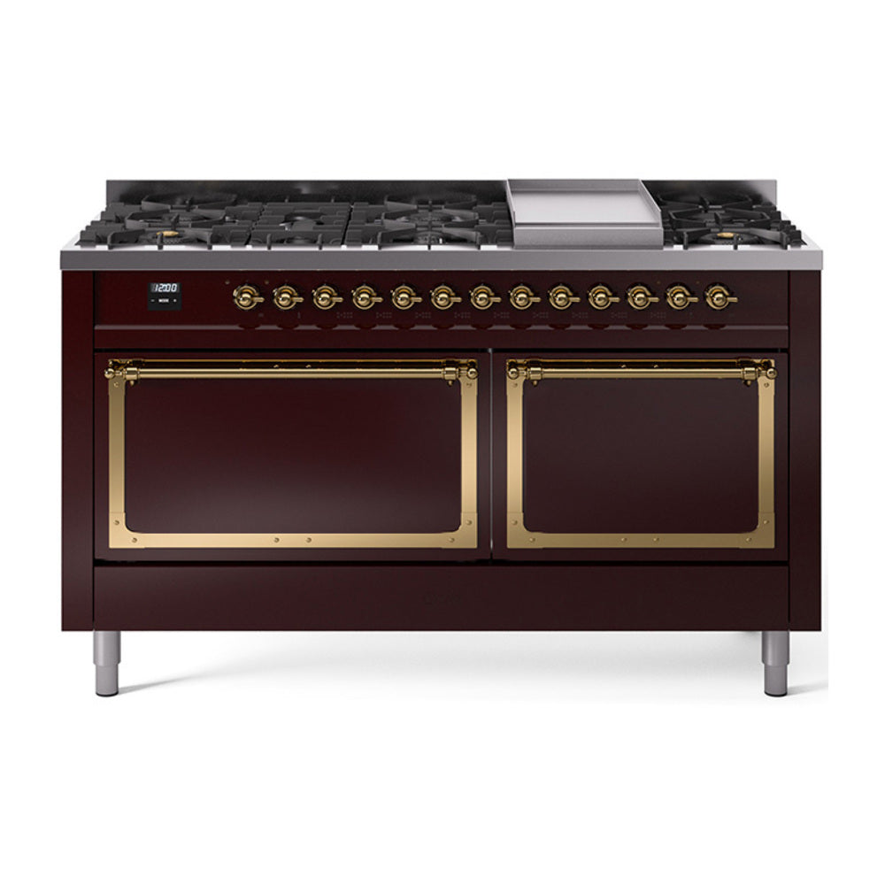 Burgundy gas dual-fuel range with brass trim, griddle, and two glass oven doors