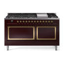 ILVE 60-Inch Nostalgie II Noblesse Natural Gas Dual Fuel Range with 9 Sealed Burners, Griddle, and Solid Door Oven in Burgundy with Brass Trim (UN60FQNMPBUG)
