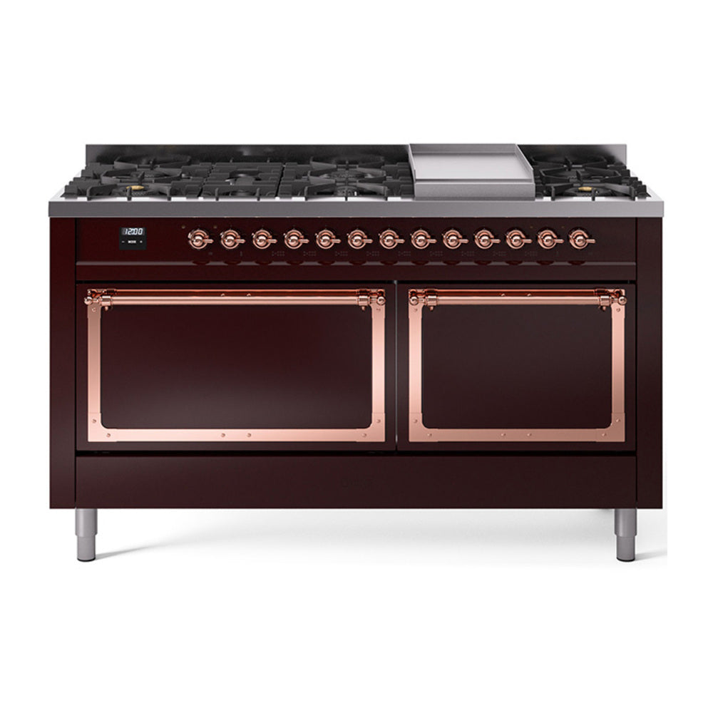 Burgundy dual fuel gas range with copper trim, twin oven doors, and sealed burners