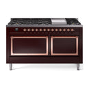ILVE 60-Inch Nostalgie II Noblesse Propane Gas Dual Fuel Range with 9 Sealed Burners, Griddle, and Solid Door Oven in Burgundy with Copper Trim (UN60FQNMPBUPLP)