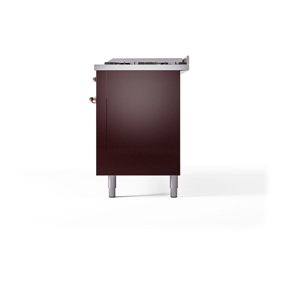 Burgundy dual fuel range side view with copper knobs and rear cooktop cover