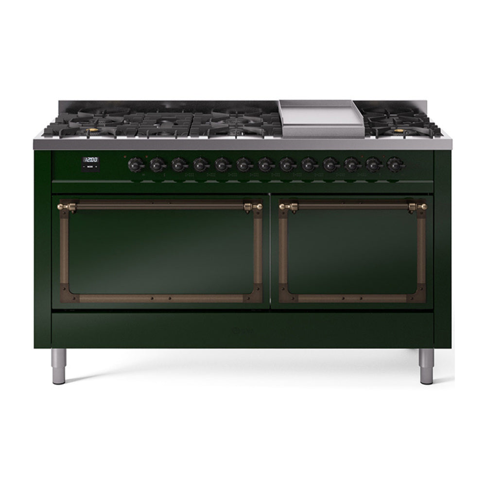 Emerald green dual fuel range with sealed burners, griddle, bronze trim, and control knobs