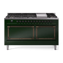 ILVE 60-Inch Nostalgie II Noblesse Natural Gas Dual Fuel Range with 9 Sealed Burners, Griddle, and Solid Door Oven in Emerald Green with Bronze Trim (UN60FQNMPEGB)