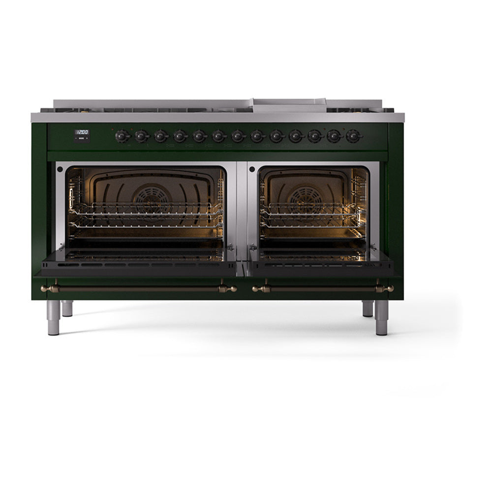 Emerald green dual fuel range with two open oven doors and interior racks