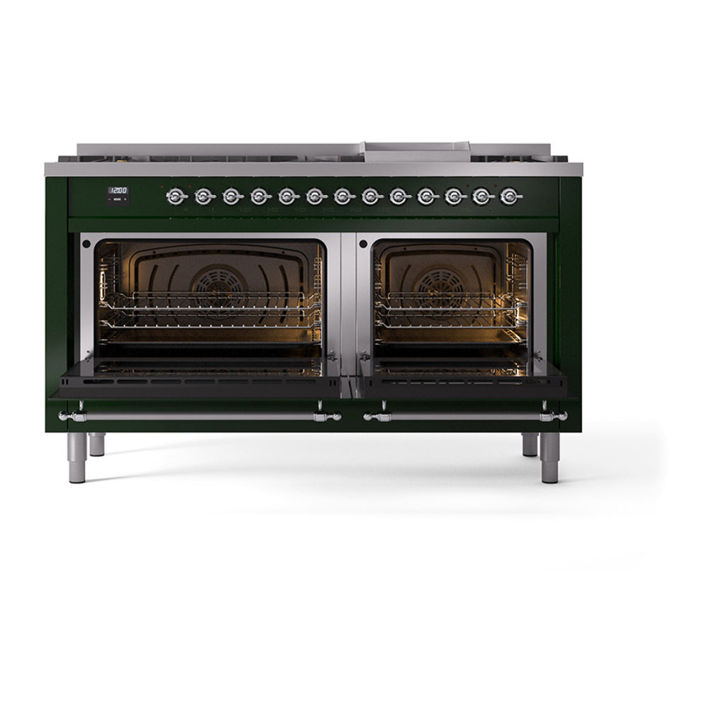 Dual-fuel range with two open ovens, racks inside, and sealed burners above