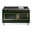 ILVE 60-Inch Nostalgie II Noblesse Propane Gas Dual Fuel Range with 9 Sealed Burners, Griddle, and Solid Door Oven in Emerald Green with Brass Trim (UN60FQNMPEGGLP)
