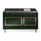 ILVE 60-Inch Nostalgie II Noblesse Natural Gas Dual Fuel Range with 9 Sealed Burners, Griddle, and Solid Door Oven in Emerald Green with Brass Trim (UN60FQNMPEGG)