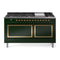 ILVE 60-Inch Nostalgie II Noblesse Dual Fuel Range with 9 Sealed Burners, Griddle, and Solid Door Oven in Emerald Green with Brass Trim (UN60FQNMPEGG)