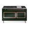 ILVE 60-Inch Nostalgie II Noblesse Natural Gas Dual Fuel Range with 9 Sealed Burners, Griddle, and Solid Door Oven in Emerald Green with Copper Trim (UN60FQNMPEGP)