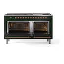 ILVE 60-Inch Nostalgie II Noblesse Natural Gas Dual Fuel Range with 9 Sealed Burners, Griddle, and Solid Door Oven in Emerald Green with Copper Trim (UN60FQNMPEGP)