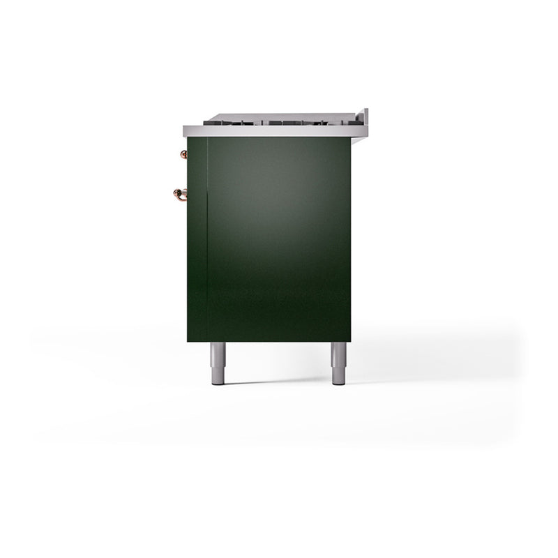 ILVE 60-Inch Nostalgie II Noblesse Dual Fuel Range with 9 Sealed Burners, Griddle, and Solid Door Oven in Emerald Green with Copper Trim (UN60FQNMPEGP)