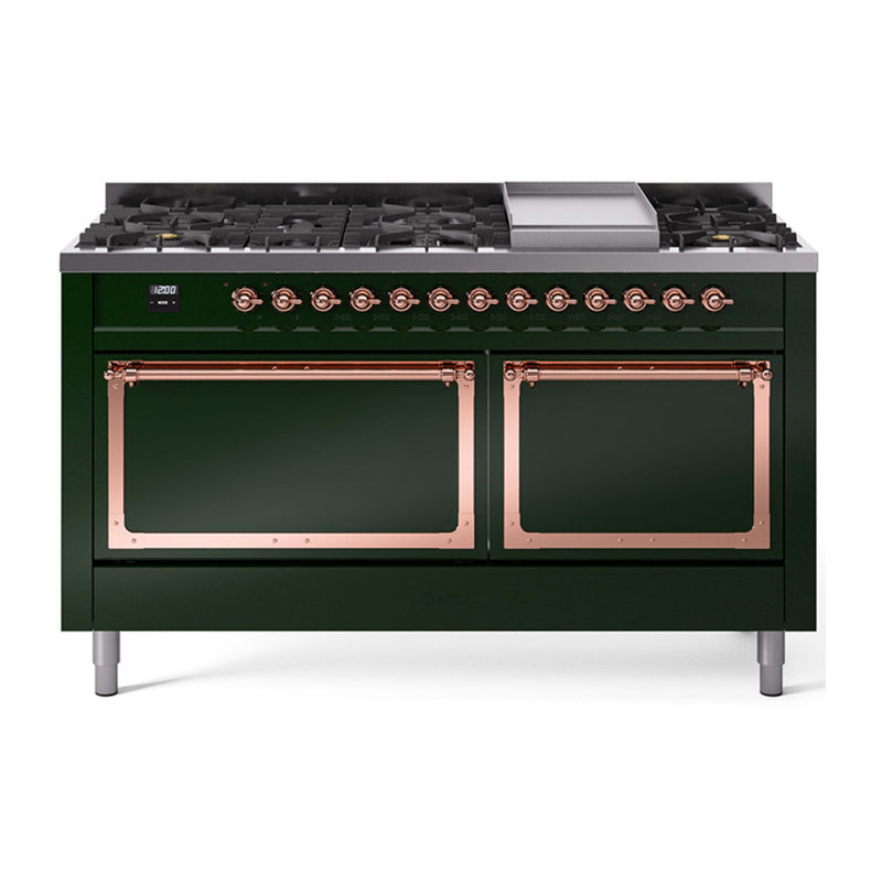 ILVE 60-Inch Nostalgie II Noblesse Dual Fuel Range with 9 Sealed Burners, Griddle, and Solid Door Oven in Emerald Green with Copper Trim (UN60FQNMPEGP)