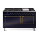 ILVE 60-Inch Nostalgie II Noblesse Propane Gas Dual Fuel Range with 9 Sealed Burners, Griddle, and Solid Door Oven in Midnight Blue with Bronze Trim (UN60FQNMPMBBLP)