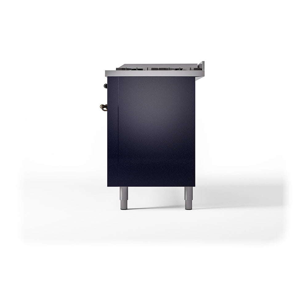 Midnight blue range side view with back panel and leveling legs