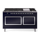ILVE 60-Inch Nostalgie II Noblesse Propane Gas Dual Fuel Range with 9 Sealed Burners, Griddle, and Solid Door Oven in Midnight Blue with Chrome Trim (UN60FQNMPMBCLP)