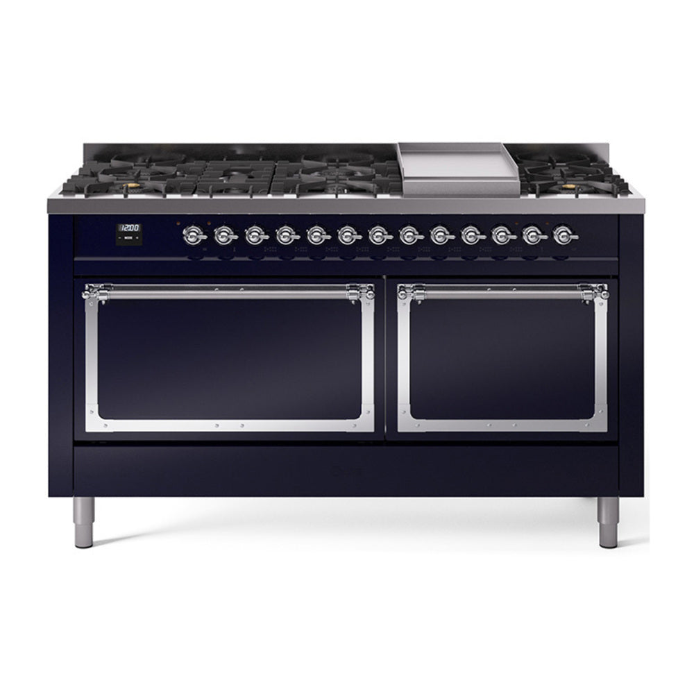 Midnight blue dual fuel range with chrome control knobs, burners, and griddle