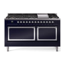 ILVE 60-Inch Nostalgie II Noblesse Natural Gas Dual Fuel Range with 9 Sealed Burners, Griddle, and Solid Door Oven in Midnight Blue with Chrome Trim  (UN60FQNMPMBC)
