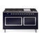 ILVE 60-Inch Nostalgie II Noblesse Natural Gas Dual Fuel Range with 9 Sealed Burners, Griddle, and Solid Door Oven in Midnight Blue with Chrome Trim  (UN60FQNMPMBC)