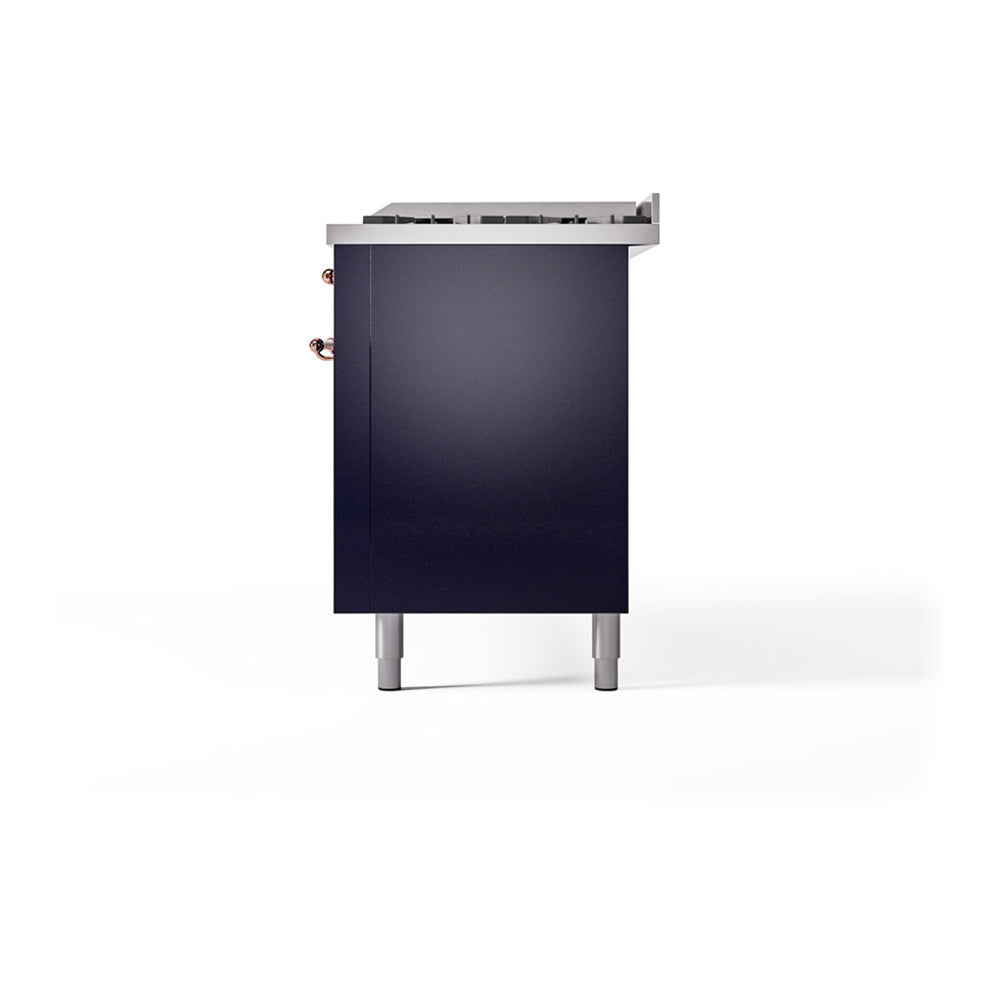 Midnight blue dual fuel range side view with solid door panel and leveling feet