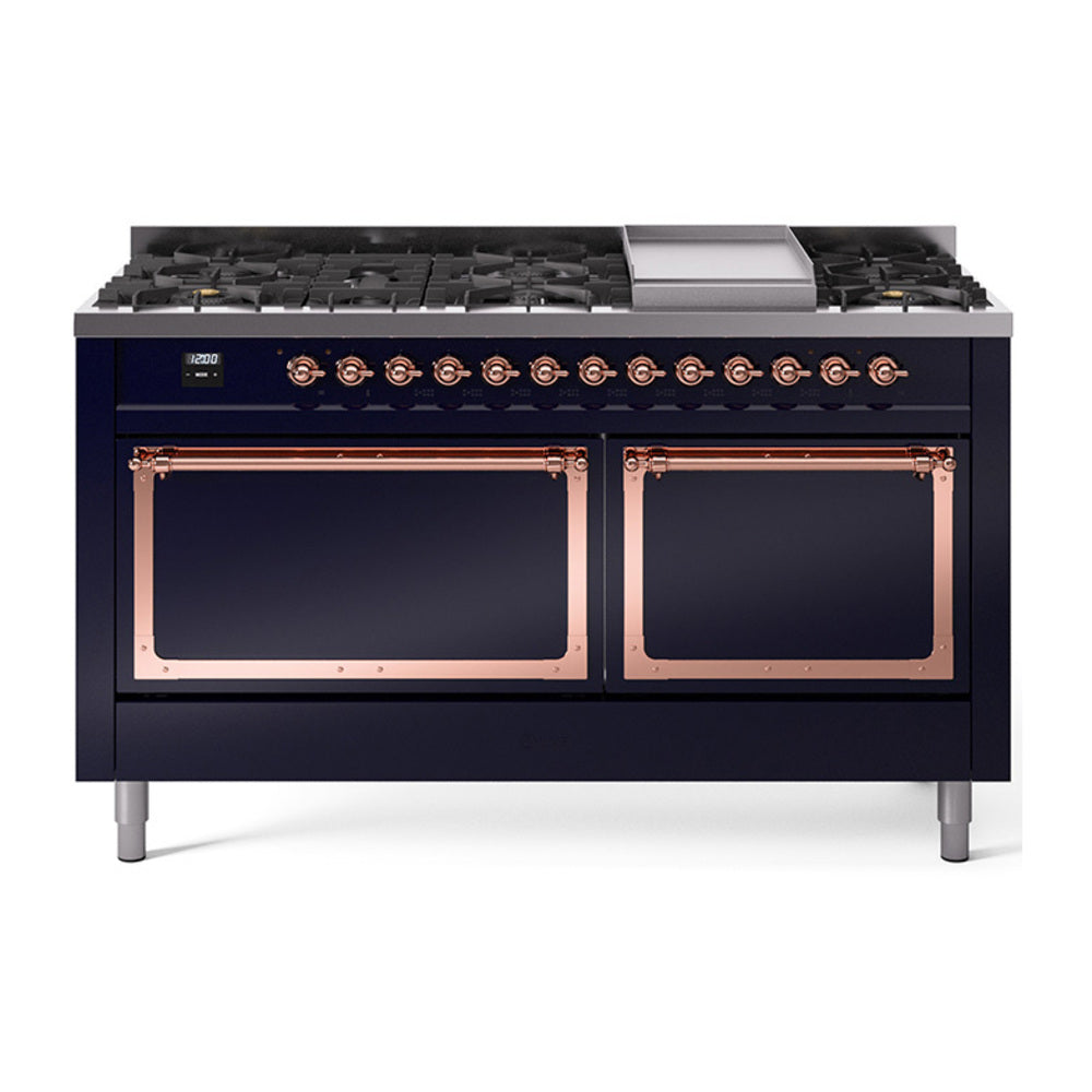 Midnight blue dual fuel range with copper-trim doors and sealed burners plus griddle