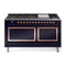 ILVE 60-Inch Nostalgie II Noblesse Natural Gas Dual Fuel Range with 9 Sealed Burners, Griddle, and Solid Door Oven in Midnight Blue with Copper Trim (UN60FQNMPMBP)