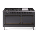 ILVE 60-Inch Nostalgie II Noblesse Propane Gas Dual Fuel Range with 9 Sealed Burners, Griddle, and Solid Door Oven in Matte Graphite with Bronze Trim (UN60FQNMPMGBLP)