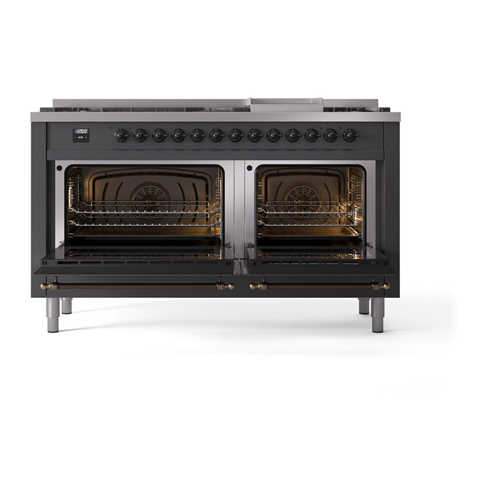 ILVE dual-fuel range with both oven doors open, interior racks and burners visible