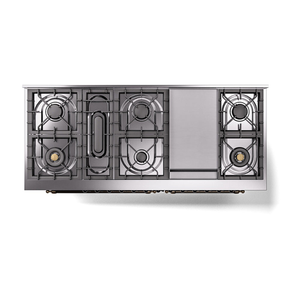 Dual fuel range top grate layout with burners and cooktop components