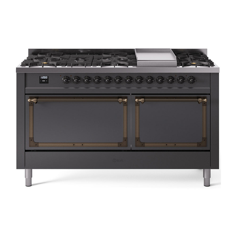 ILVE matte graphite dual-fuel range with bronze trim and sealed gas burners, front