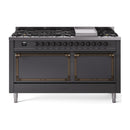 ILVE 60-Inch Nostalgie II Noblesse Natural Gas Dual Fuel Range with 9 Sealed Burners, Griddle, and Solid Door Oven in Matte Graphite with Bronze Trim (UN60FQNMPMGB)